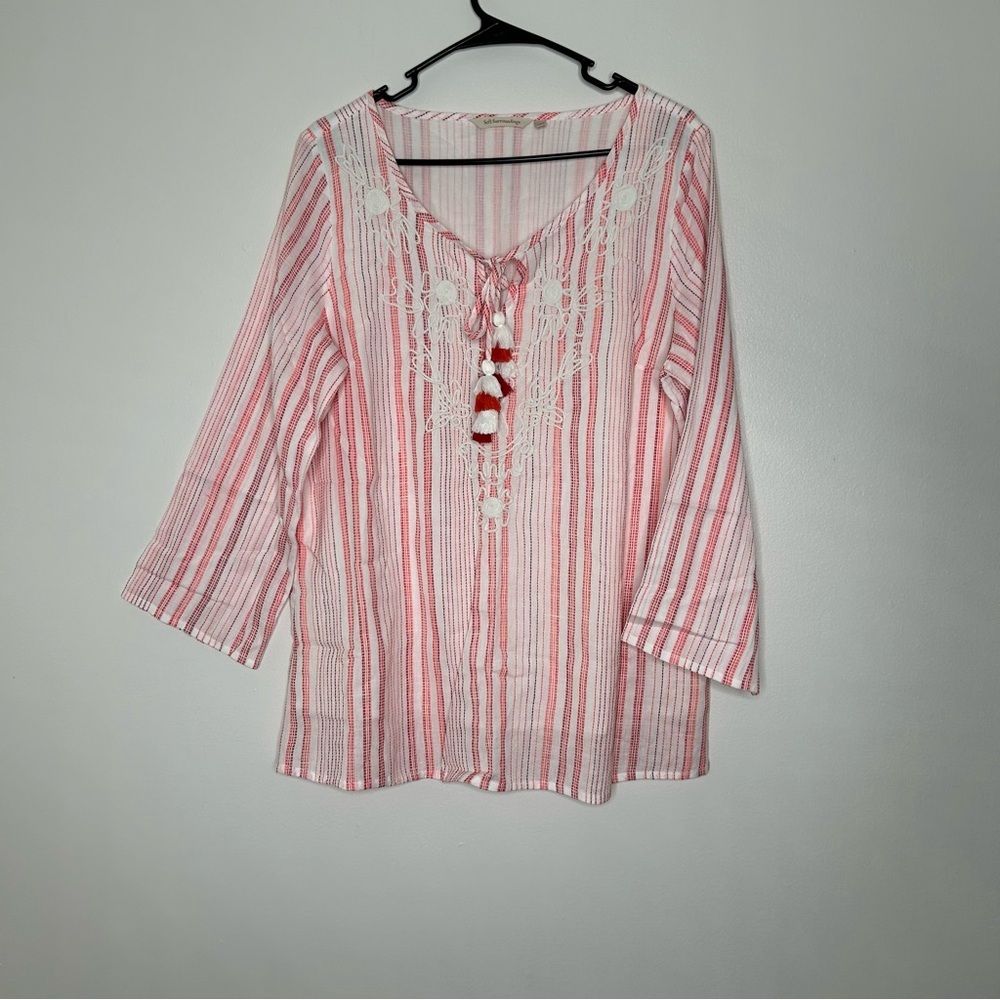Soft Surroundings Striped Pink Blouse with Embroidery Size L